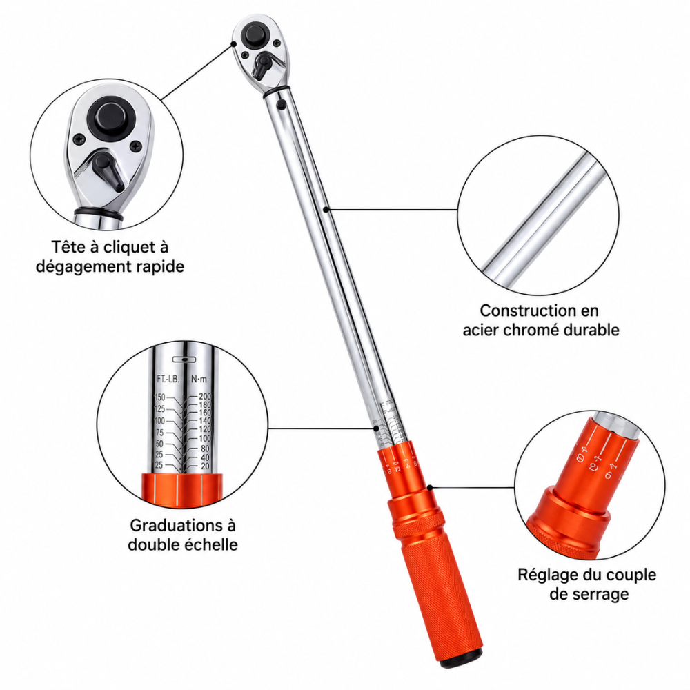 Clé Dynamométrique 1/2" 34-340 N.m avec Rallonges et Adaptateur