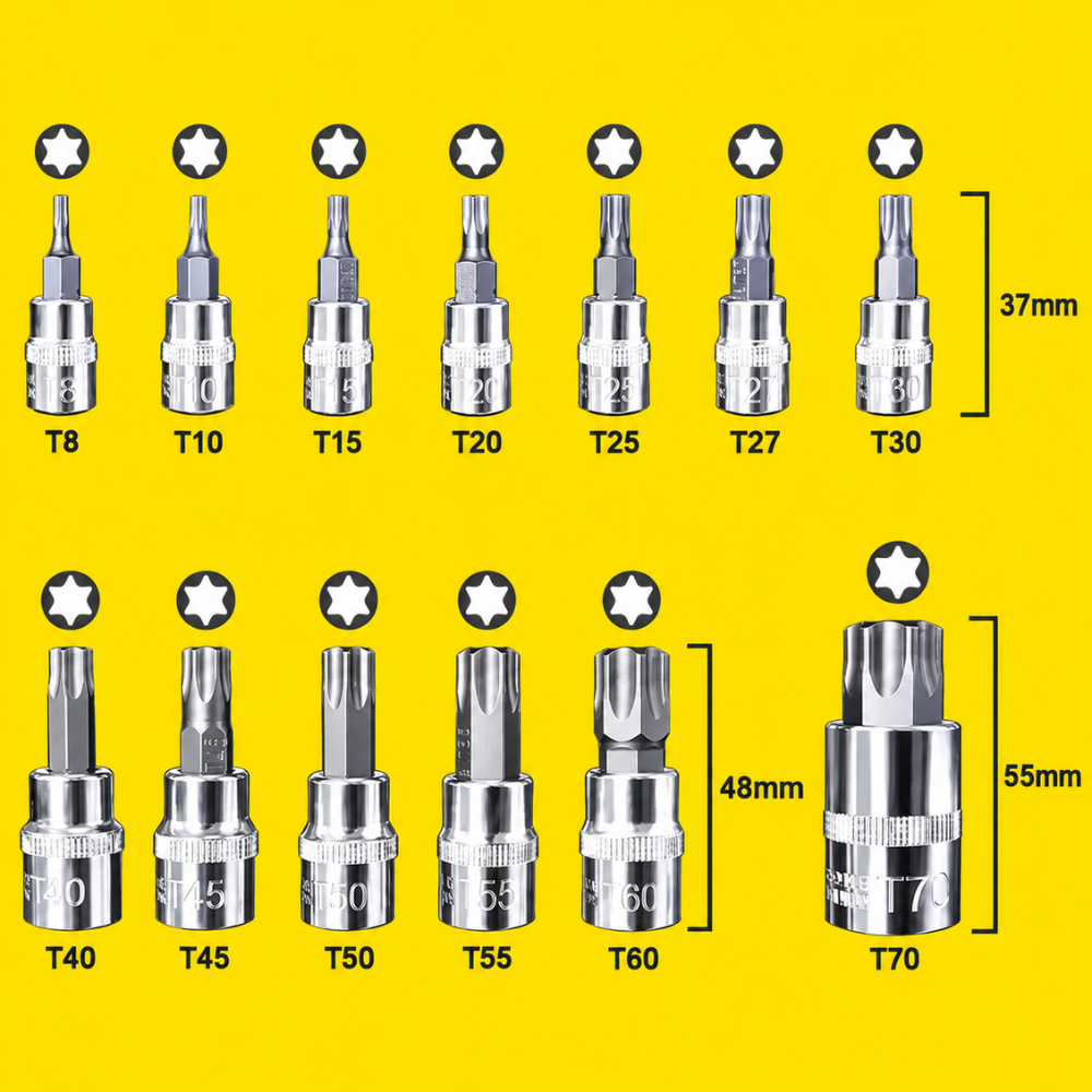Coffret Douilles Torx T8 à T70 13 Pièces 1/4" 3/8" 1/2"